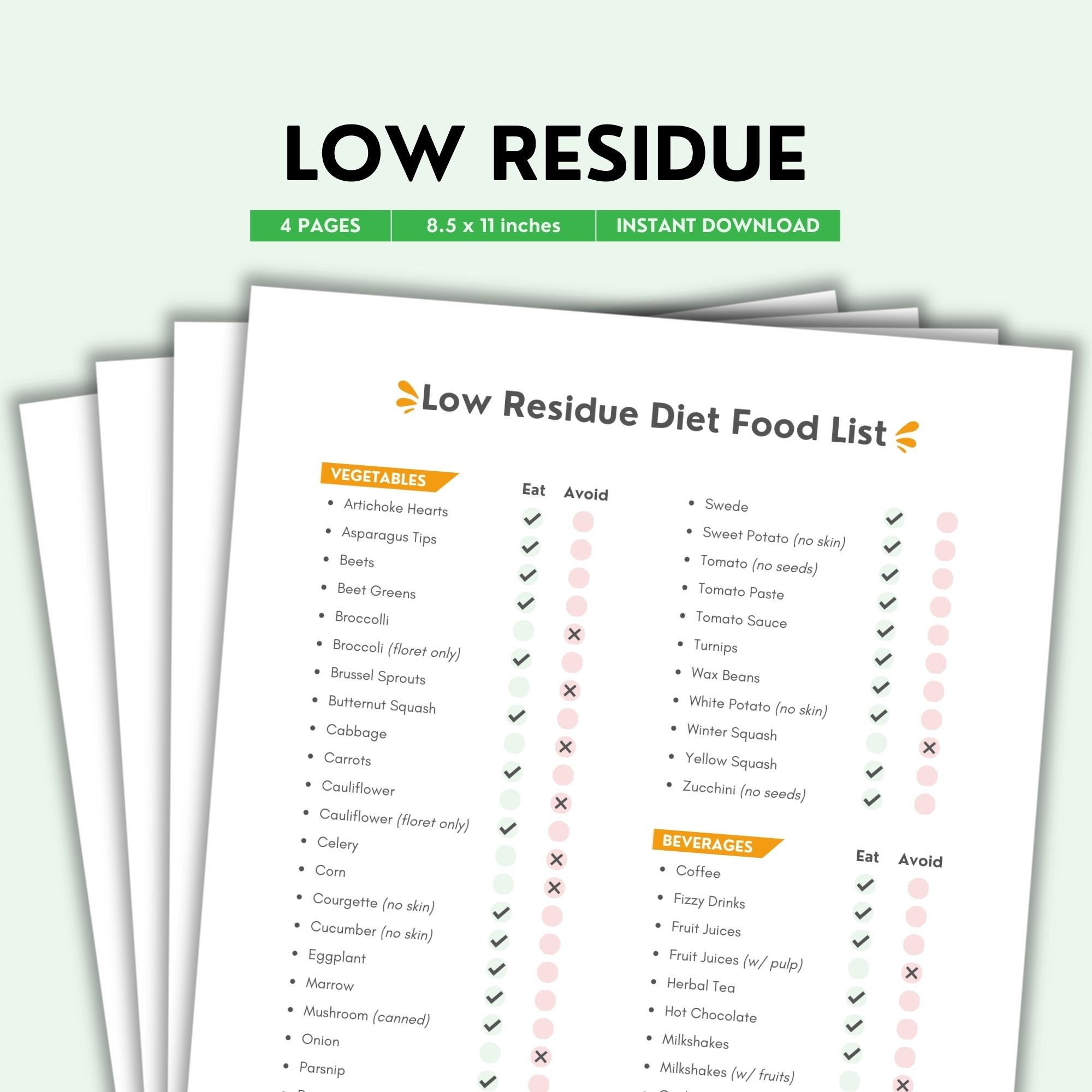 Low Residue Diet Food Chart Food Guide List Printable Low Residue Low Residue Diet Food Chart Food Guide List Printable Low Residue