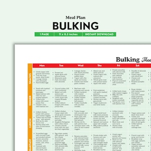 Bulking Meal Plan Printable | Color PDF | Easy 7-Day High Calorie & High Protein Meal Ideas for Muscle Gain and Strength | Digital Download