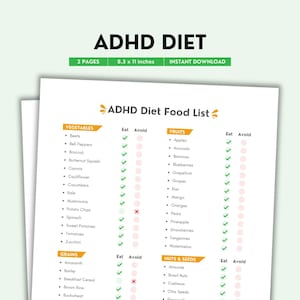 ADHD Diet Food List Printable | Color PDF | Foods to Eat & Avoid for Focus | ADHD Nutrition Reference Guide | Digital Download