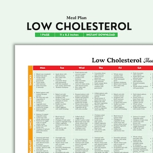 Low Cholesterol Meal Plan Printable | Color PDF | Easy Heart-Healthy & Cholesterol-Lowering Meals Guide | 7-Day Planner | Digital Down