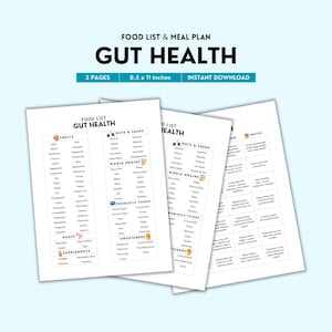 Gut Health Food List & Meal Plan Printable | Color PDF | Easy Meals and Foods to Support Digestion and Wellness | Weekly Plan