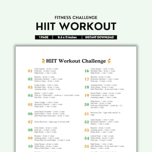 May include: A printable HIIT workout challenge with 25 exercises, each with a description of the exercise and the duration and number of sets. The workout is designed to be completed in 30 minutes.