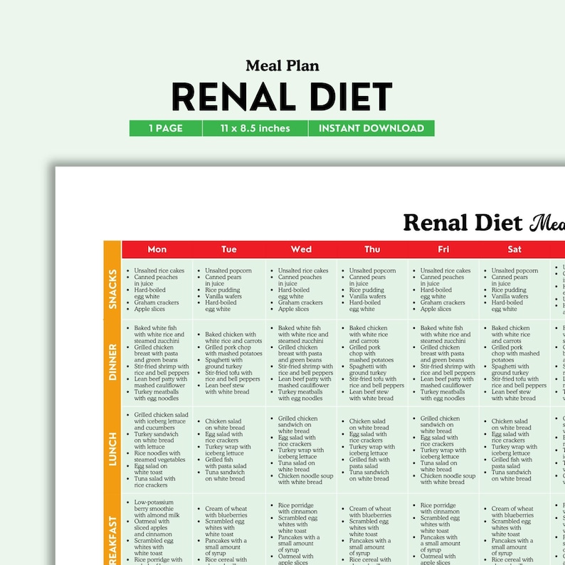 Renal Diet Food List: Kidney Disease Meal Plan (PDF) - Etsy Australia