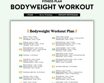 Bodyweight Workout Plan Printable | PDF Download | No-Equipment Full Body Exercises | Home Fitness & Strength Guide