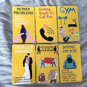 May include: Six rectangular yellow cards featuring illustrations and text. The cards display themes including Money Problems, Getting Ready To Call You, Gym, They Got Married, Moving, and Spying On You, each with specific graphic icons and bulleted lists.