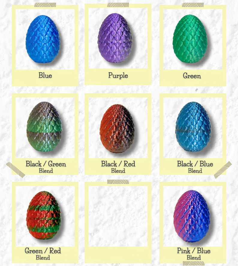 Peut inclure: Neuf balles anti-stress en forme d'&oelig;uf de dragon dans diff&eacute;rentes couleurs, notamment bleu, violet, vert, noir et vert m&eacute;lang&eacute;, noir et rouge m&eacute;lang&eacute;, noir et bleu m&eacute;lang&eacute;, vert et rouge m&eacute;lang&eacute; et rose et bleu m&eacute;lang&eacute;.