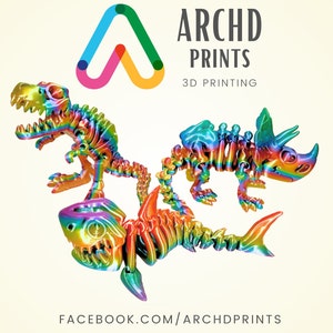 Peut inclure: Trois squelettes d'un dinosaure, d'un tric&eacute;ratops et d'un requin imprim&eacute;s en 3D. Les squelettes sont iris&eacute;s et pr&eacute;sentent un jeu de couleurs arc-en-ciel. L'image comprend le texte "ARCHD PRINTS 3D PRINTING" et "FACEBOOK.COM/ARCHDPRINTS".