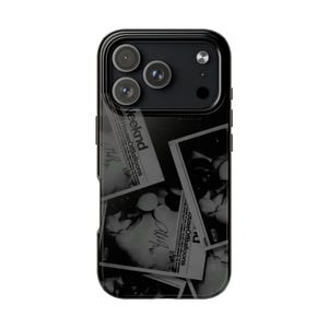 May include: Black phone case with a glossy finish. The case features a collage of black and white images and text, including the words "HouseOfBalloons" and "Weeknd". The case has a black camera module.