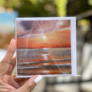 Cartão de felicitações artístico com pôr do sol no oceano | Cartão em branco para moldura | Cartão de arte costeira | Papelaria inspirada na natureza