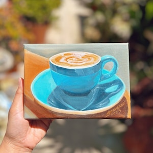 ORIGINAL ACRYLIC PAINTING | Coffee cup painting | Tea cup |  A Cup of Cappuccino Coffee Acrylic Small Painting on Canvas | Gift for her