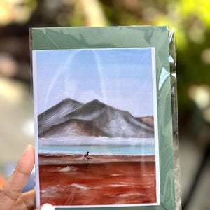 Mini cartão de felicitações com arte da Cordilheira dos Andes e pequena alpaca – cartão em branco para emoldurar – Paisagem natural da América do Sul