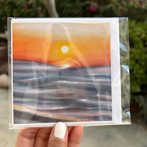 Cartão de felicitações com pôr do sol no oceano no outono | Cartão em branco com belas artes costeiras | Papelaria inspirada na natureza para moldura | Cartão com pôr do sol no oceano