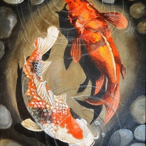 Original Acrylic Koi Fish Painting – Yin Yang Wall Art, Light and Shadow, Lucky Charm Decor, Prosperity Fish Art, Good Fortune Home Decor