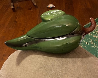 Vintage Jalapeño Pepper Ceramic Serving Bowl/Dish With Lid Lid and Serving Spoon Opening in the Lid! A Beautiful Addition for the Next Party