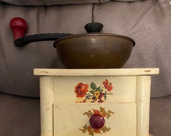 Vintage Coffee Grinder by Gretchen of West Germany in a Cream Color with Flower Accents Painted on Each Side, Drawer and Top Corners!!