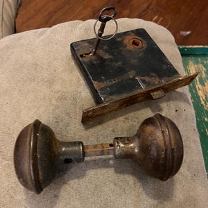 Antique late 1800s to early 1900s Antique Rim Mortise Lock Set with Knobs, Spindle, & Skeleton Key manufacturers Corbin or Russell n Erwin!!