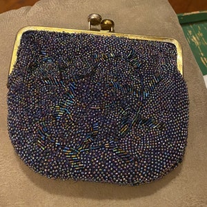 Vintage Beautiful 6” X 6” Purse with Dark Shiny Multi Colored Round Beads with Decorative Pattern of Elongated Beads and Blue Cloth Inside!!