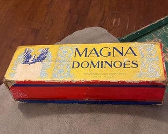 Antique 1920’s RARE Yellow Box of Magma Dominoes Made by the The Embossing Company in Excellent Condition And Owned by Mrs. S. L. Clements!!