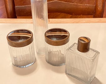 Vintage Art Deco Glass Vanity Set  4 Piece Ribbed Glass Dressing Table Canisters Perfume Decanter - Mid Century Brass Guilloche Enamel Lids!