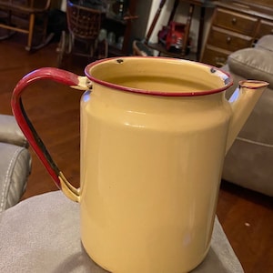 Vintage 6” Tall Farmhouse Beige Porcelain Water Pitcher with Red Trim and Handle Displaying its Age and Many Years of Use Like So Many Did!!