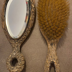 Vintage Faux Bois Hand Mirror And Brush