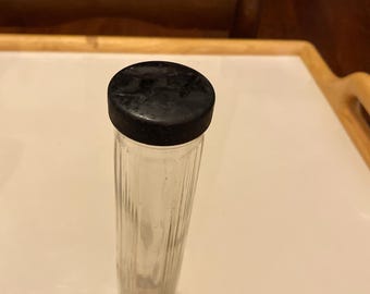 Vintage 1920s Art Deco Ribbed Glass Vanity Cylinder, Antique Toothbrush Holder or Hatpin Jar with Metal Lid Circa 1920s Dressing Table Decor