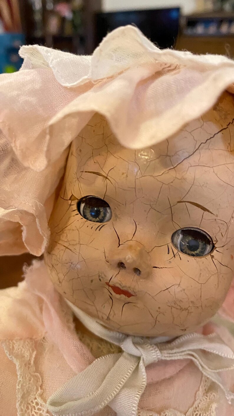 Antique 1920’s-1940’s 13” Crier Composite Baby Doll With Working Sleeper Eyes Wearing Long Pink Dress With Ruffled Pink Bonnet, Head Crazing image 3