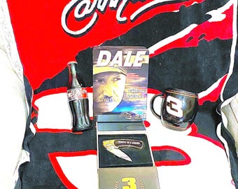 Vintage Dale Earnhardt Memorabilia Collection Bundle!! 6 CD Set, 1997 Coke Bottle, Knife, Rare Coffee Cup & Beach Towel!!!