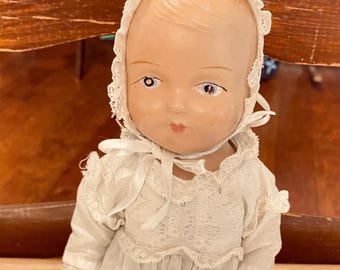 Vintage 1930s Composition Baby Doll with Cloth Body -  Unmarked Mama Doll Painted Eyes Molded Hair, Antique Lace Christening Dress Bonnet!!!