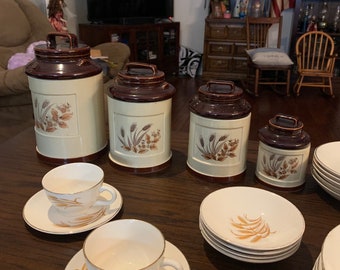 Vintage Homer Laughlin-Golden Wheat Dishes and a Golden Wheat Decorative Cannister Set in Good and Fair Vintage Condition!!