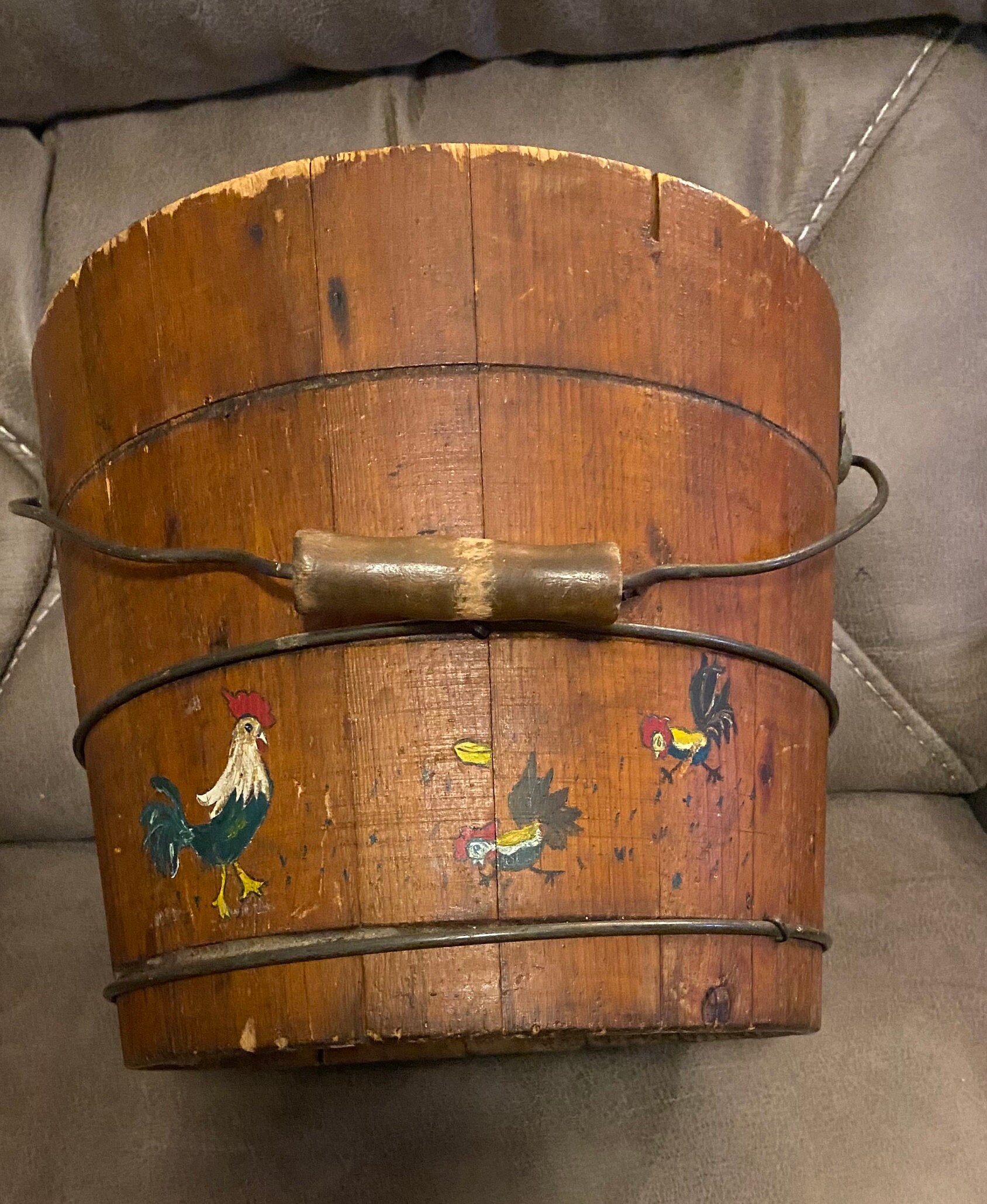Antique 1800’s New England Ringed and Stapled Staved Sap Bucket with Rooster and Chickens Painted On the Bucket. Very Nice Bucket.   10” tal