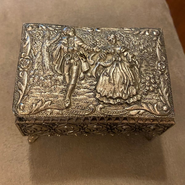 Vintage Trinket/Jewelry Box, Pressed Silver Looking Metal Rectangular Red Velvet Lined Dresser Box from Japan in very Nice Condition!!!