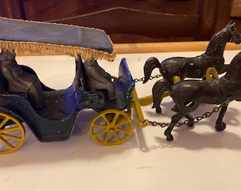 Vintage 1940s Stanley Toys Cast Iron Horses, Blue Carriage, Passenger and Coachman With Yellow Fringed Canvas Top in Good Vintage Condition