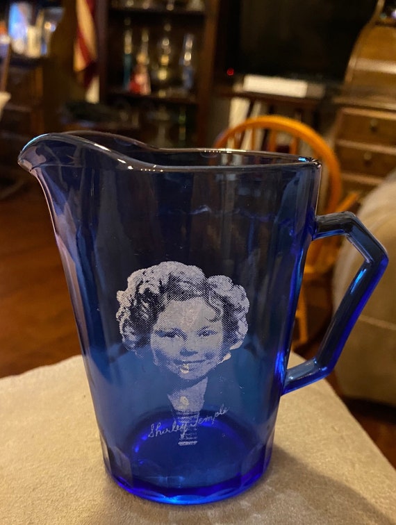 昭和レトロKurimoto ガラス大瓶 Cherry Brand Vintage 1930's Blue Cobalt Shirley Temple Picture Glass 3 1