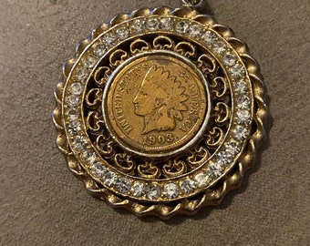 Vintage 1960’s 1903 American Indian Head Penny Pendant with Rhinestones Mounted in probably 18 Karat Gold.