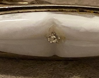 Vintage MCM White Celluloid and Rhinestone Gold Plated 1 3/4” Tie/Scarf Clip