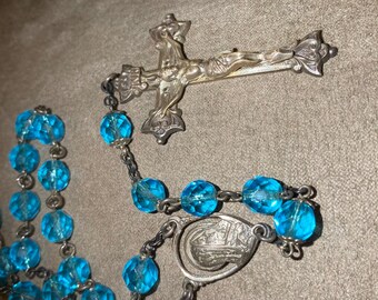 Vintage 1950’s? 22 1/2” Rosary- Maybe older?? Gold Colored Creed Sterling Silver Crucifix and Medallion With Beautiful Aqua Facet Beads!!!!!