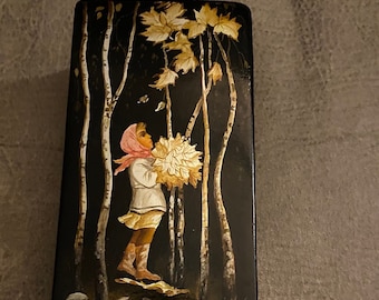 Vintage Russian Lacquer Jewelry Box with Beautiful Scene Painted on the Top and Signed by the Artists.