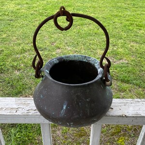 Antique Hammered Copper Cooking Pot with Iron Handle and Rings