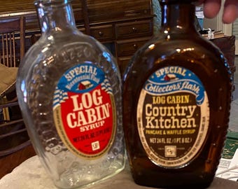 Vintage 1976 Log Cabin Brand Syrup Flasks!! Clear Bicentennial Flask and Brown Special Collectors Flask!! Log Cabin & Mount Rushmore on em!!