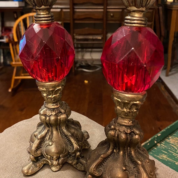 Vintage 1950’s?? 1960’s?? 8” Tall Ruby Red Lucite and Decorative Metal Spindle Candle Holders in Vintage Condition & Few Vintage Flaws !!!