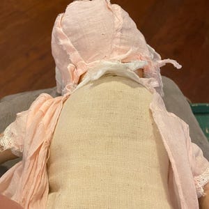 May include: A doll with a beige fabric torso wearing a pale pink bonnet and a matching pale pink dress with delicate lace trim on the sleeves. The doll is viewed from the back, showing the texture of the woven fabric and the layered pink garment.