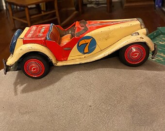Vintage Very Rare 1950’s Tin Bandai MG #7 Yellow and Red 1955 Overland Race Winner! Made in Japan in Pretty Good Condition, Missing Dash and
