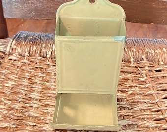 Antique Haeusermann Metal Co. Matchbox Holder - Signed 1910s Wall Mounted Tin Match Safe, Primitive American Kitchen Hearth Decor - 3x3x6"