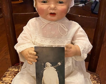 Antique 1924- 22” Effanbee Bubbles Character Composition Crier Baby Doll W/ Spring Joints, Closing Eyes, Wearing Antique Baby Clothes w/Pic!