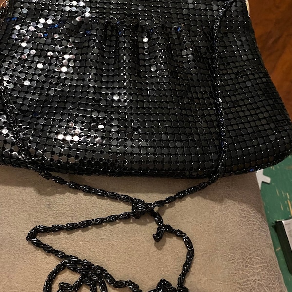 Vintage Beautiful Black Sequins Shoulder Strap Evening Purse 7” Zippered Top X 9” Wide Bottom X 6” Tall and 21” Black Chain Length