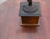 Vintage Antique Wood Coffee Bean Burr Grinder Mill Manual Cast Iron Hand Crank