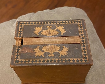 Vintage Wooden Cigarette Dispensing Box with Decorative Wood Inlay with Center Discharge of Cigarettes. Possibly made in Japan