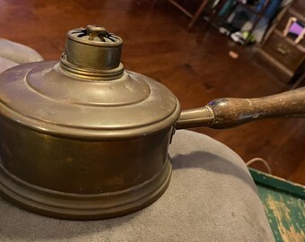Antique RARE 1929 French Made Copper Rechaud or Stove With a Wooden Handle Made by the Jovet Lyon Co Used For Table Tray Warmer and Camping