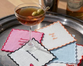Linen Wedding Napkin, Personalized Cocktail Napkin, Custom Bar Napkin, Embroidered Party Napkin, Wedding Favor (Set of 4)
